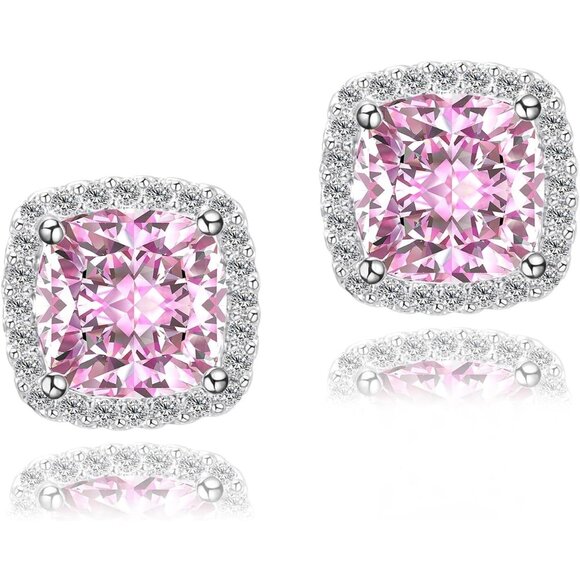 Women's Square Birthstone Cubic Zirconia Mall Dainty Light Pink Elegant Earring - Picture 1 of 6